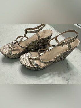 Metallic Gold Snake-Print Wedge Sandals - Women, 8.5 Mint Condition